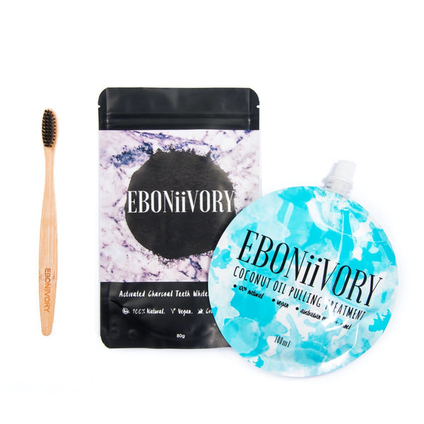 Activated charcoal powder with bamboo biodegradable toothbrush and mint coconut Oil pulling