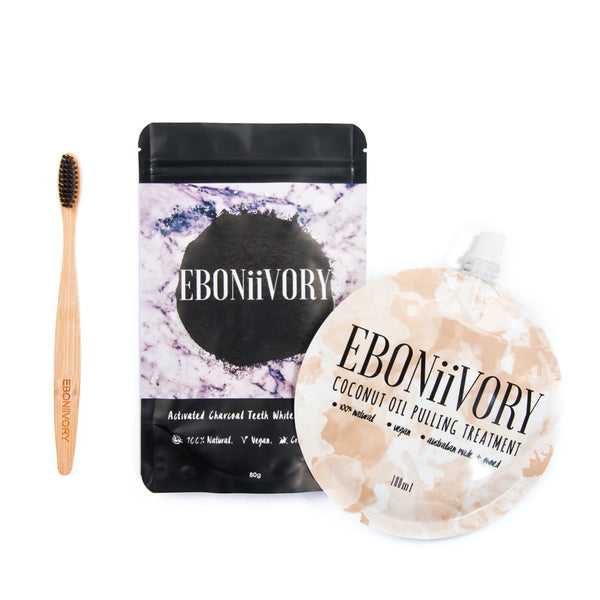 Activated charcoal powder with bamboo biodegradable toothbrush and sweet caramel chai coconut Oil pulling
